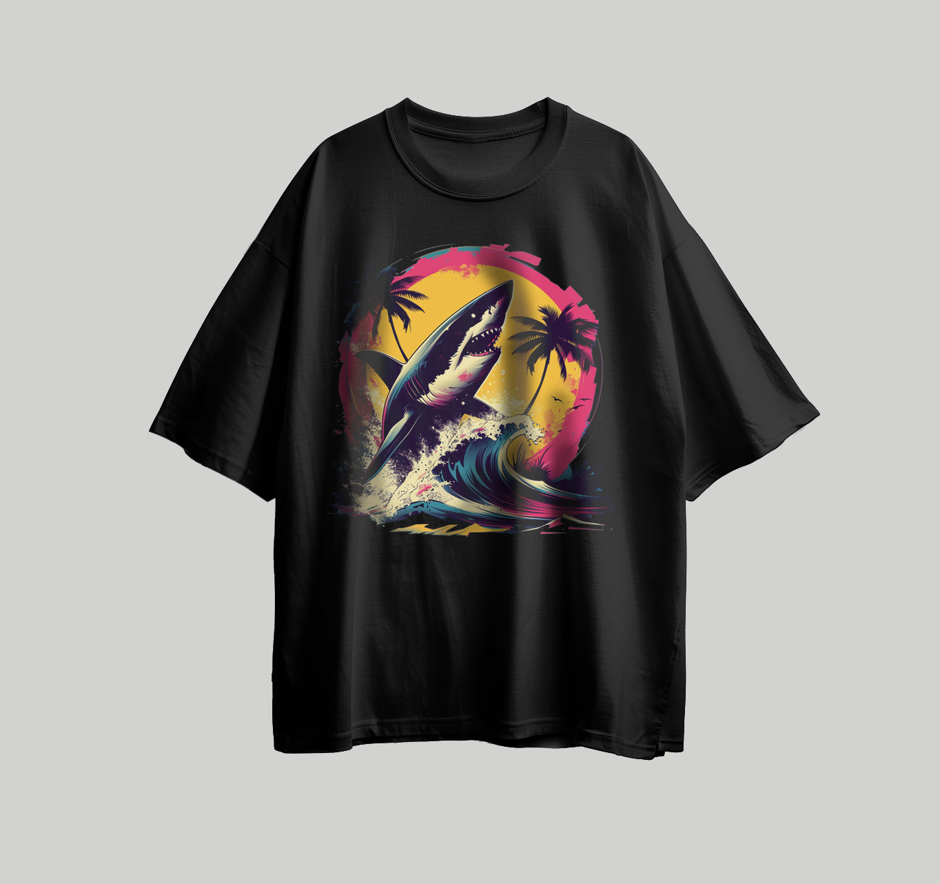 Design for printing on a T-shirt in the shape of a shark among the waves