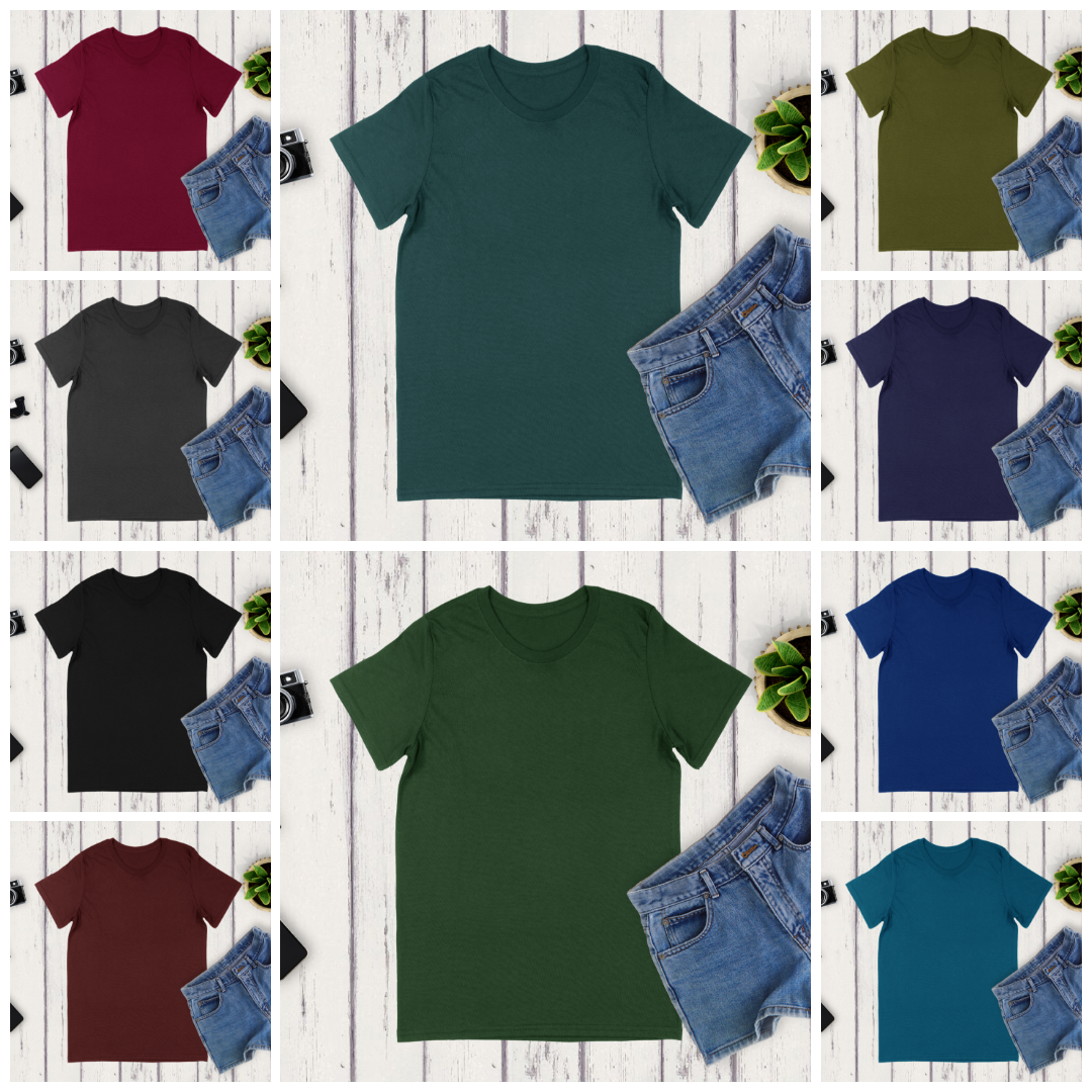 Men’s T-Shirt Mockup – 12 Flat Lay Dark Color Variations with Denim Shorts
