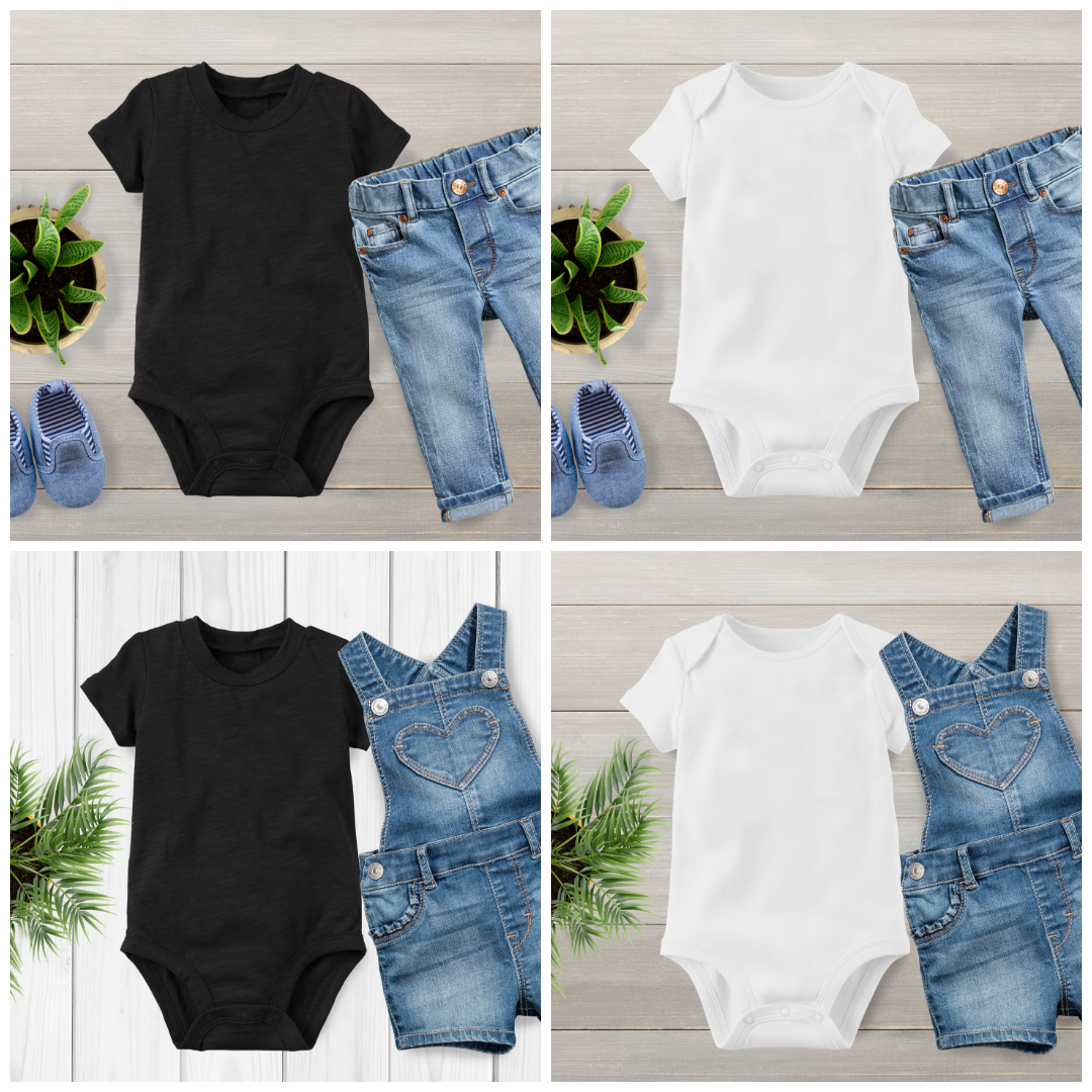 Baby Clothes Mockup – 4 Stylish Flat Lay Scenes (Black & White Bodysuits)