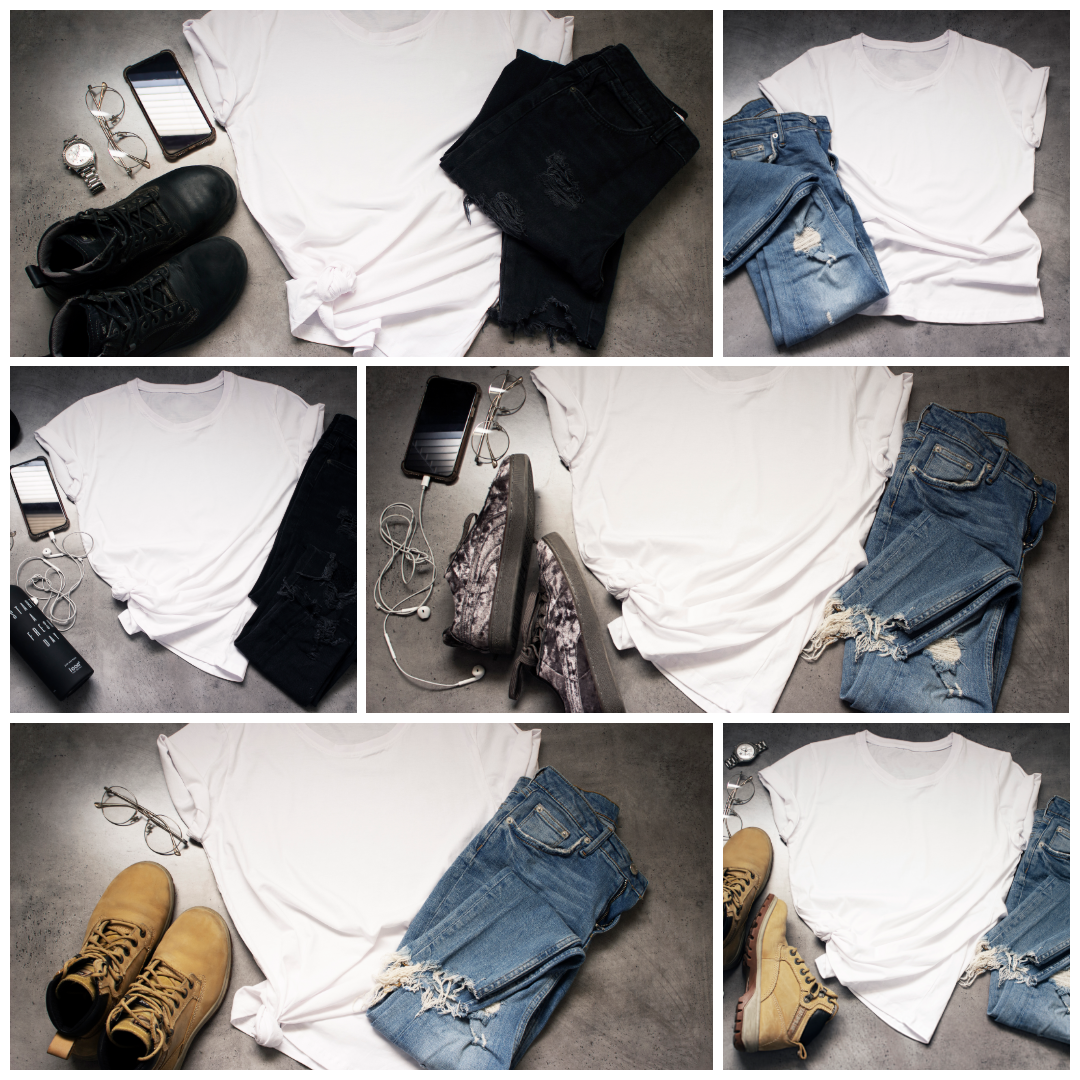 White Men’s T-Shirt Mockup – 6 Stylish Flat Lay Scenes with Jeans & Accessories