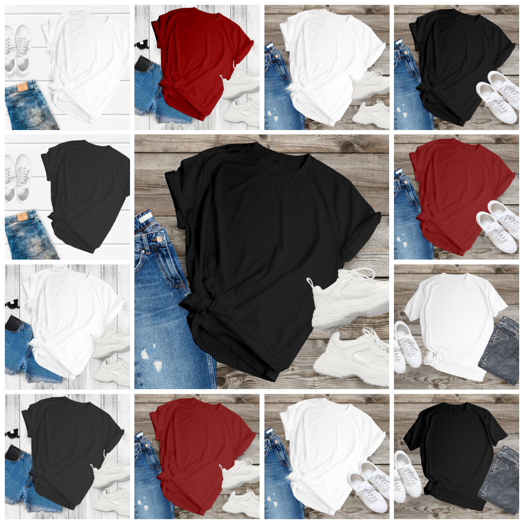T-Shirt Mockup – 13 Flat Lay Scenes with Jeans, Sneakers & Wooden Backgrounds