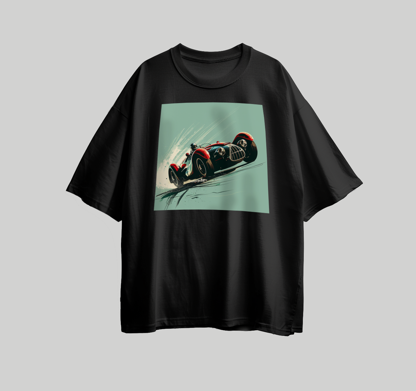 Design for printing on a T-shirt in the shape of a red car with a blue background