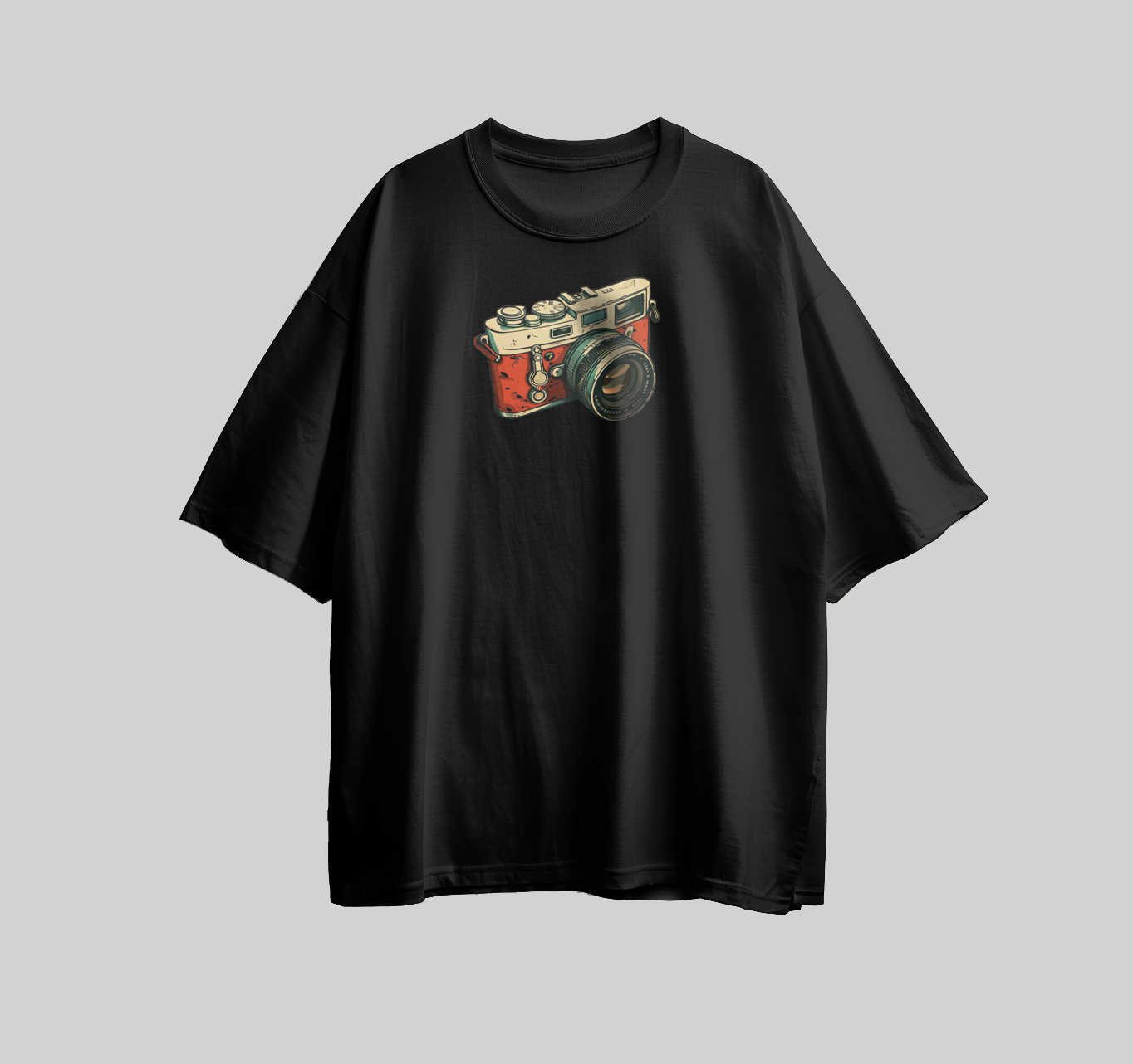 Design for printing on a T-shirt in the shape of a camera in red