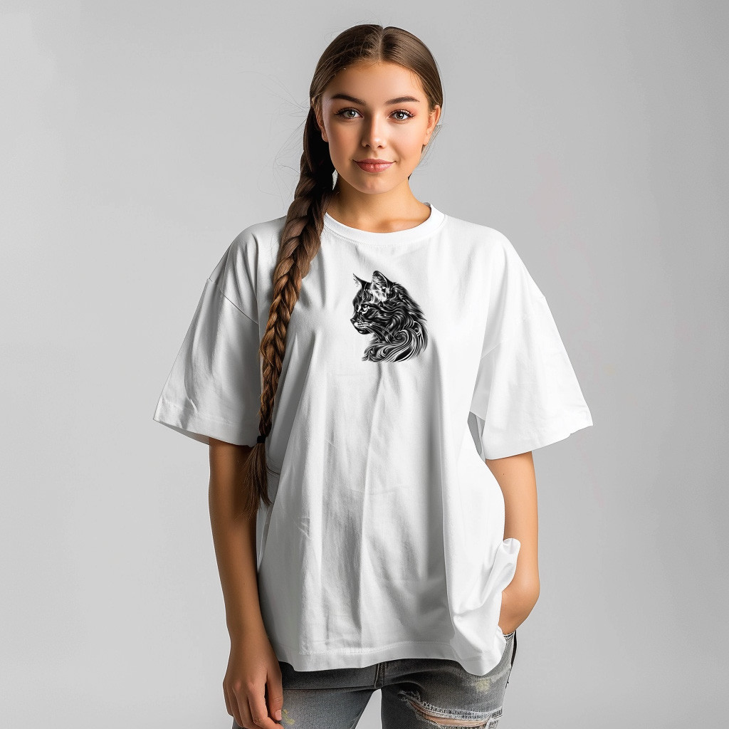 Design for printing on a charming cat-shaped T-shirt in black