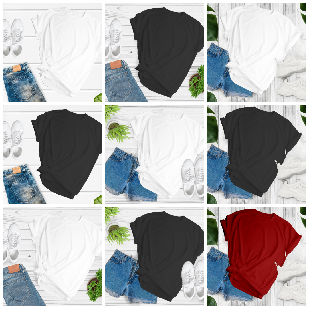 Women’s T-Shirt Mockup – 9 Stylish Flat Lay Scenes with Jeans & Sneakers (Multiple Colors)