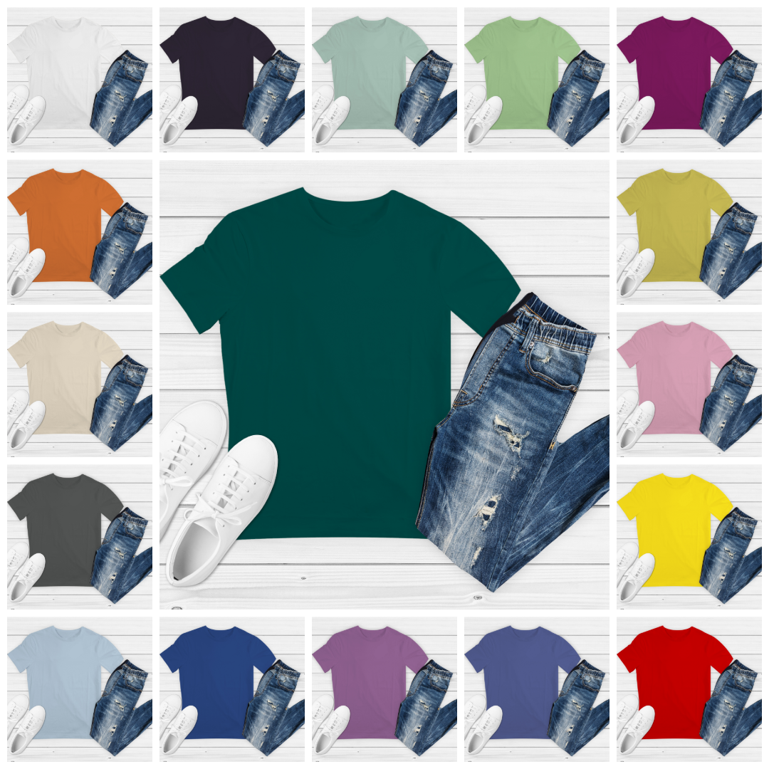 Men’s Summer T-Shirt Mockup – 29 Color Flat Lay Bundle with Jeans & Sneakers