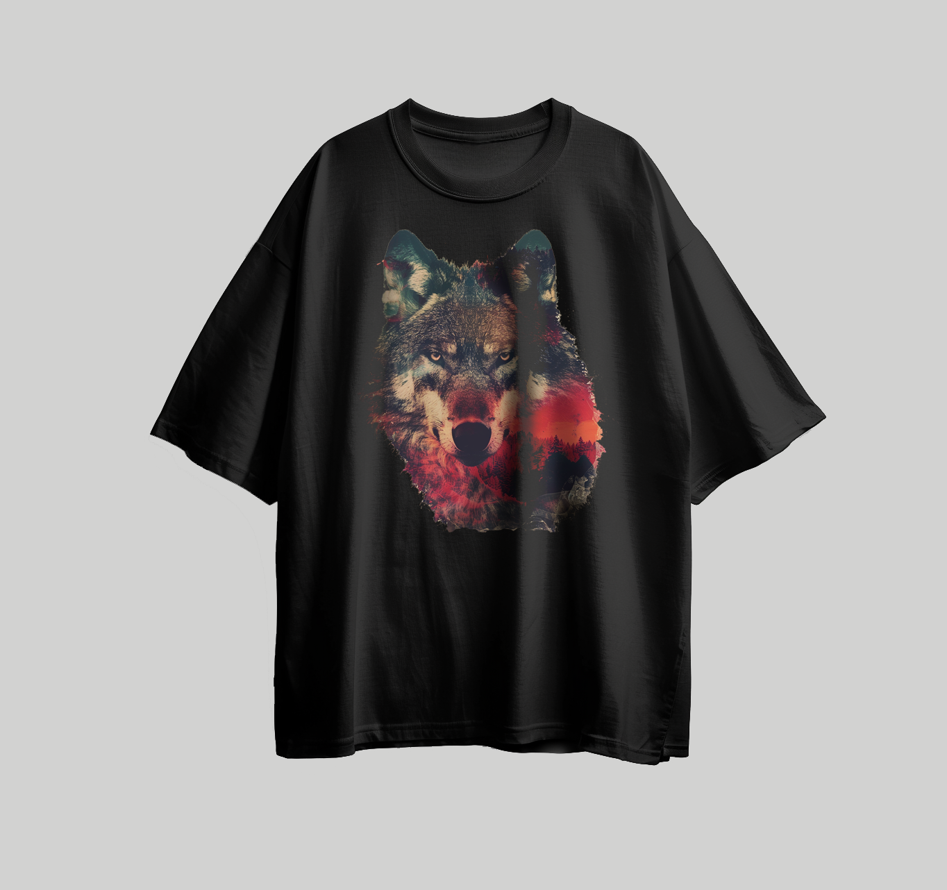 A design for printing on a T-shirt with the shape of a wolf's face in overlapping colors