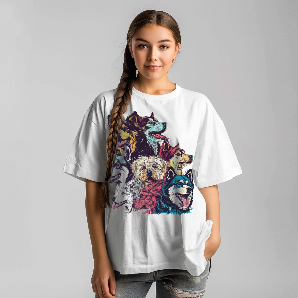 A design for printing on a T-shirt in the shape of many dogs in bright colors
