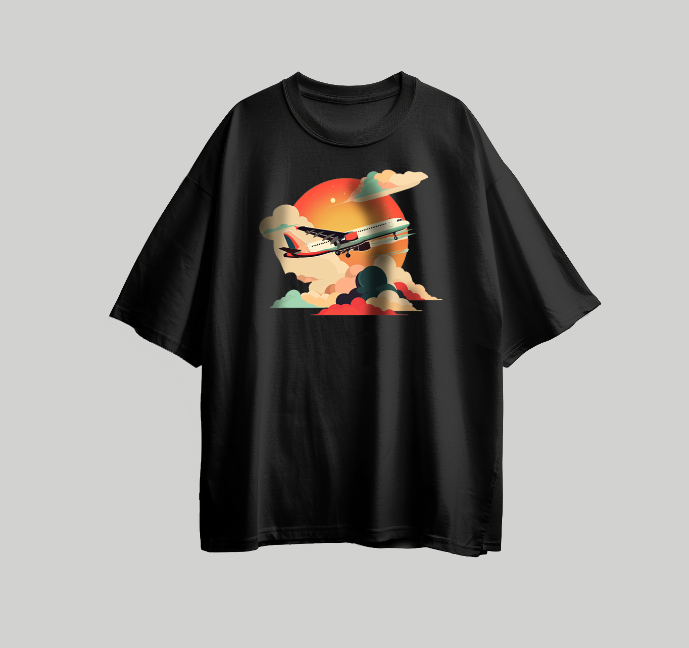 A design for printing on a T-shirt in the shape of a plane among the clouds