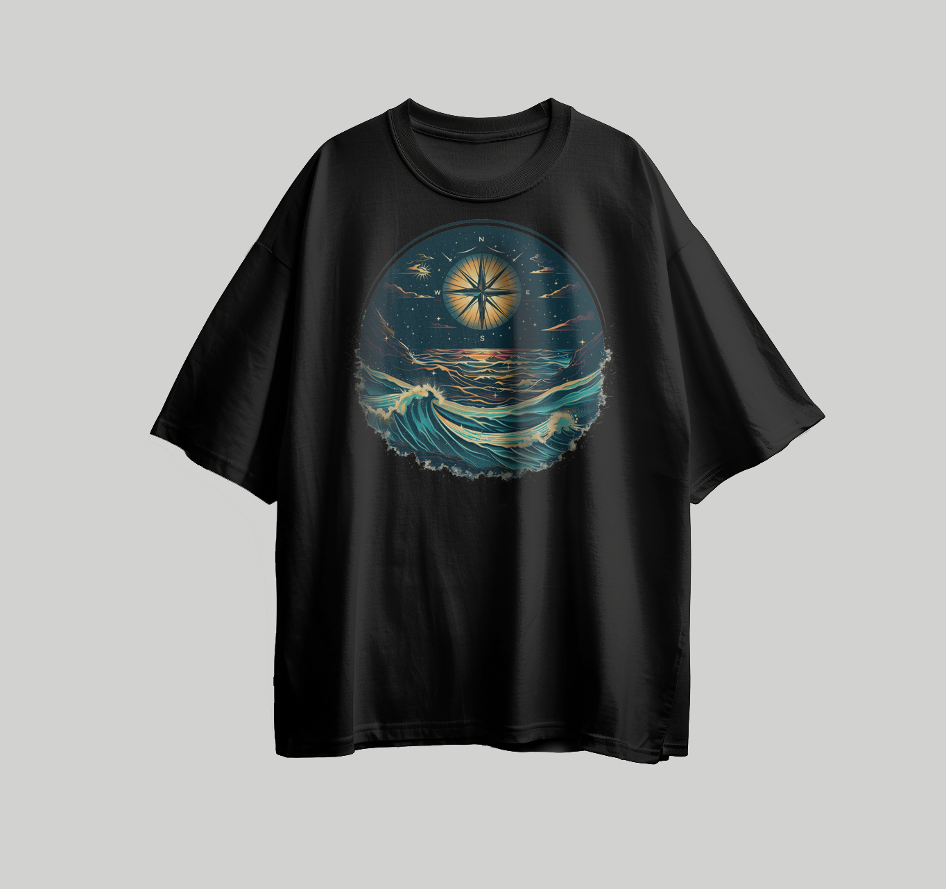A design for printing on a T-shirt in the form of a compass in the sky with waves