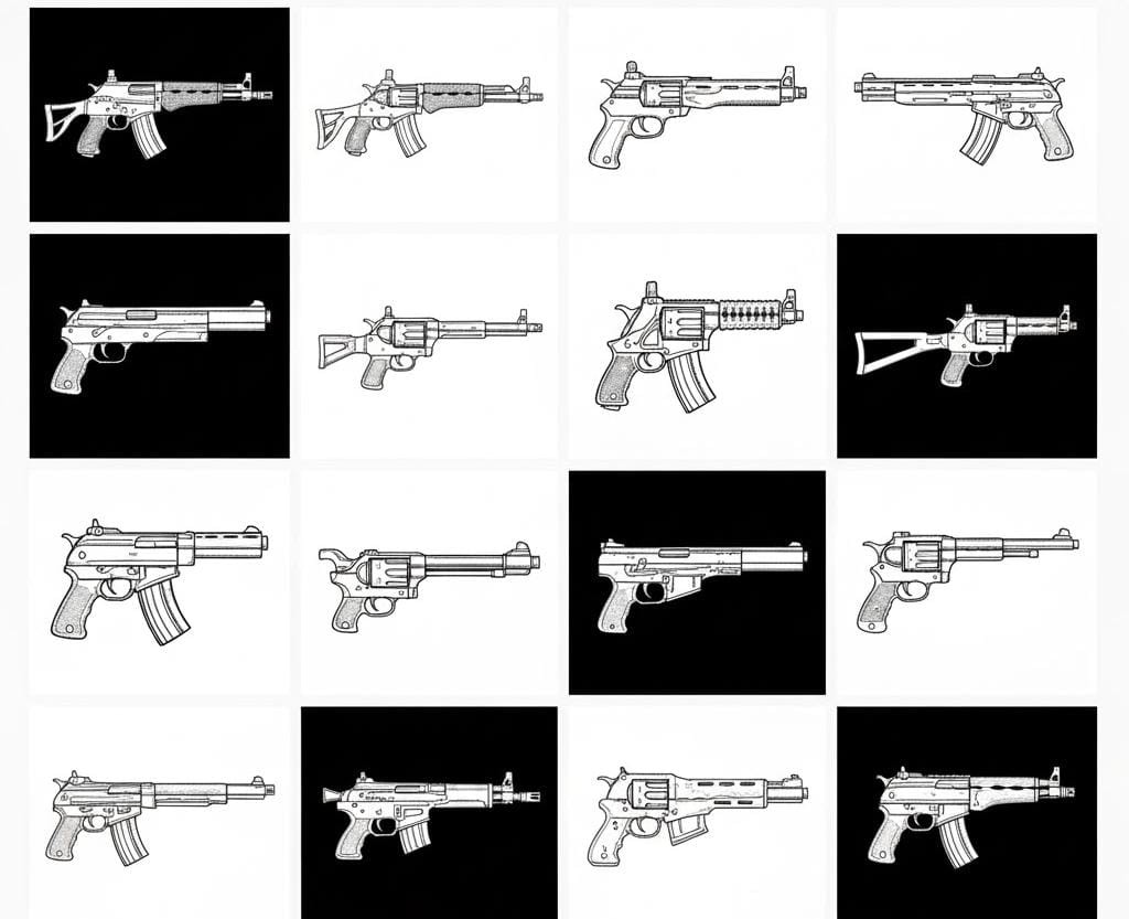 Set of 16 Firearm Illustrations: Diverse & Detailed Vector Designs