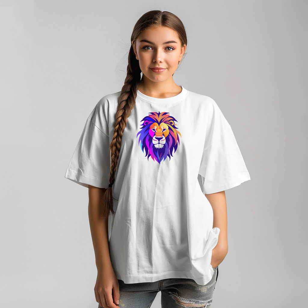 Design for printing on a T-shirt in the shape of a lion's face in bright colors