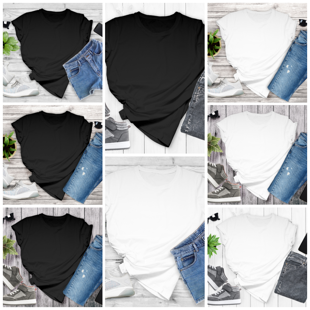 Casual T-Shirt Mockup – Black & White Streetwear Flat Lay with Sneakers & Denim