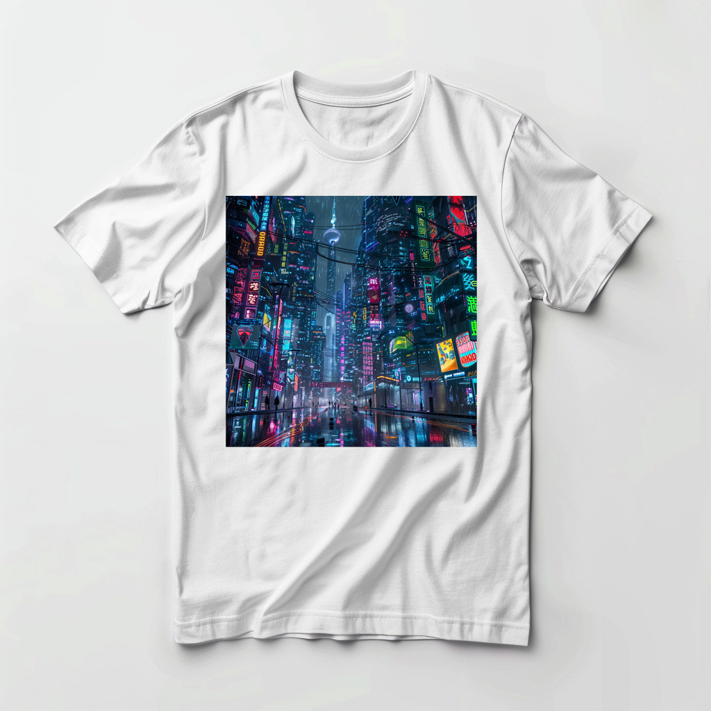 Design for printing on a T-shirt in the shape of an electronic city, in bright colors