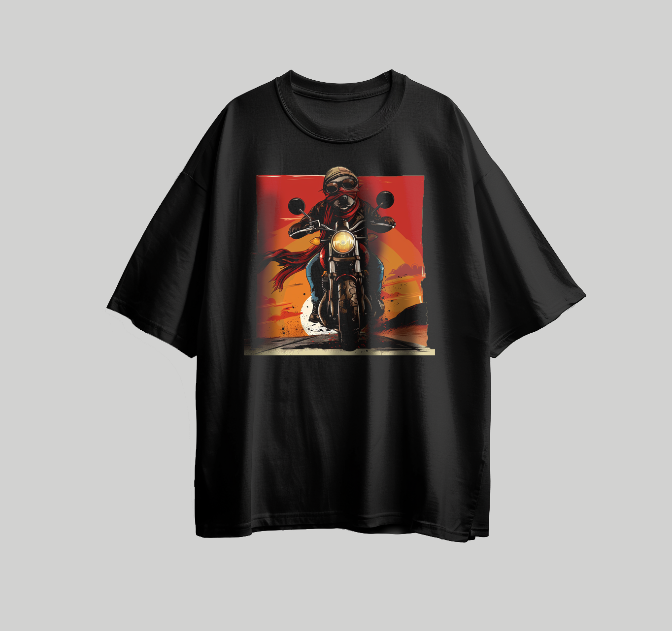 A design for printing on a T-shirt in the form of a cartoon dog with a motorcycle