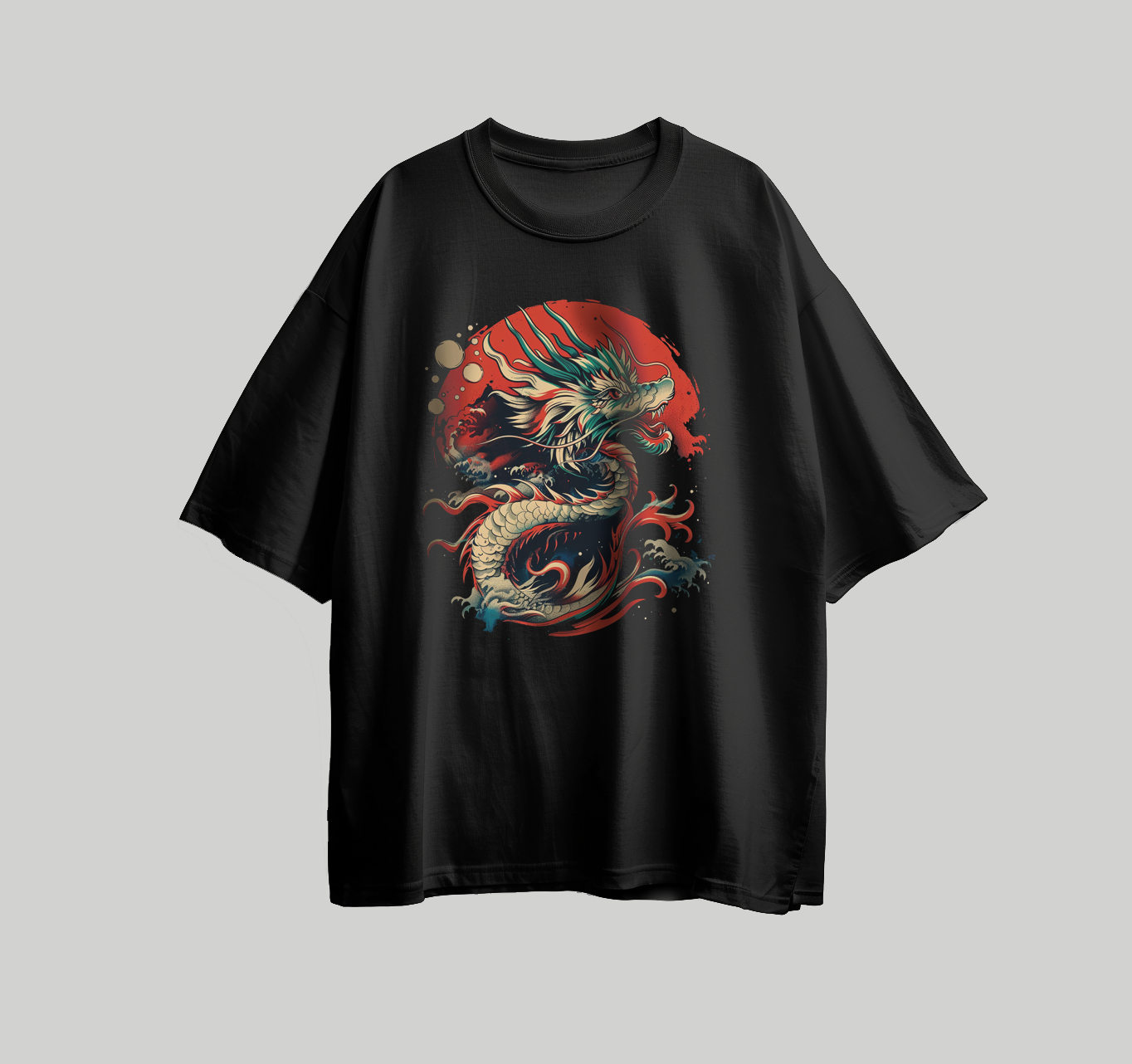 Design for printing on a T-shirt in the shape of a dragon with a red background