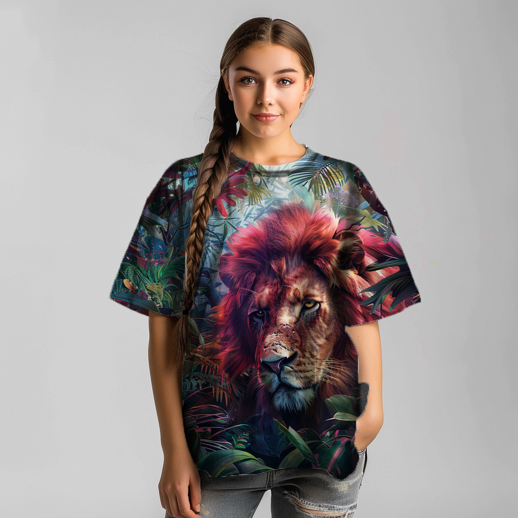 Design for printing on a T-shirt in the shape of a full lion's face in stunning colors